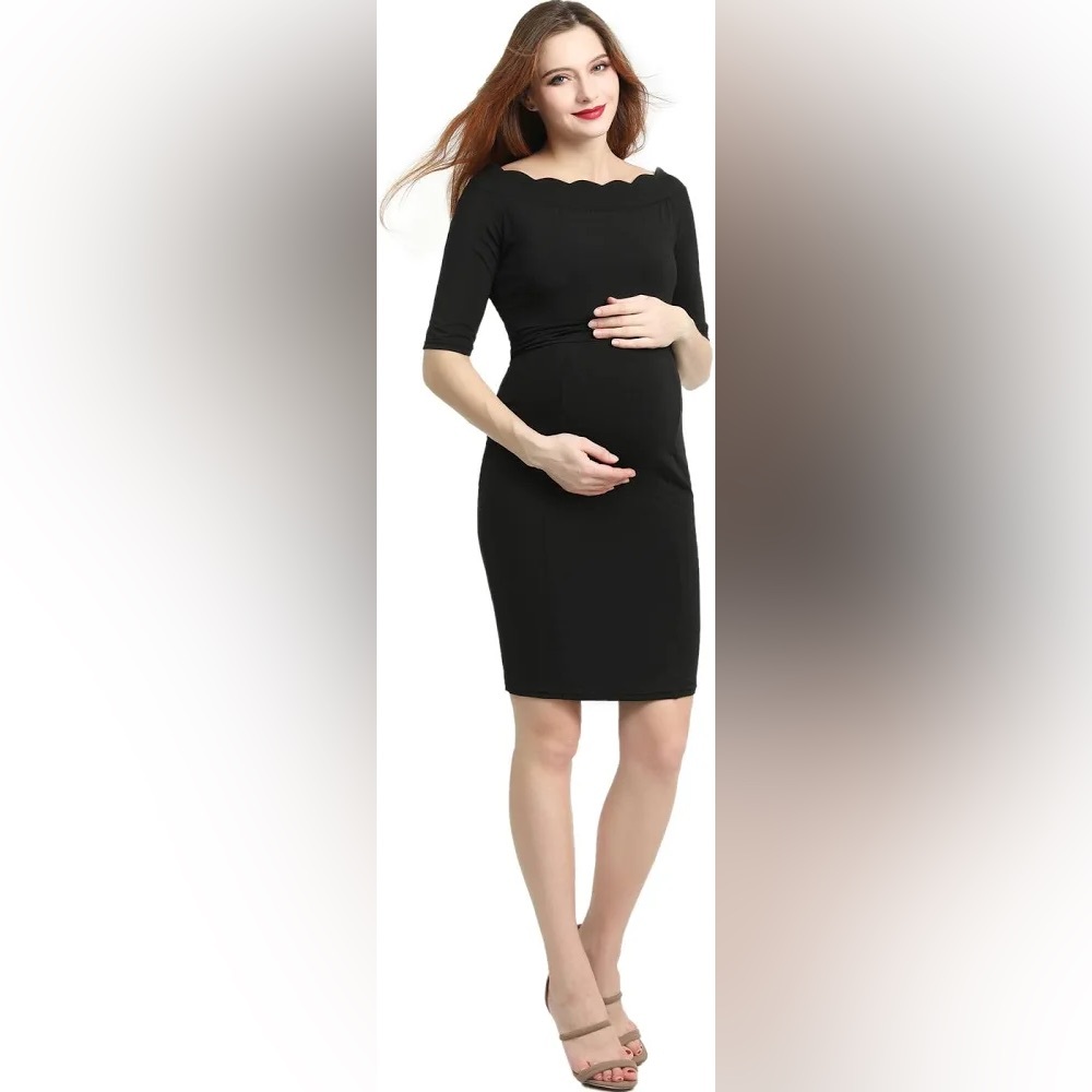 NWT Kimi & Kai Women's Maternity Kendall Scallop Trim Midi Dress | Black | M
